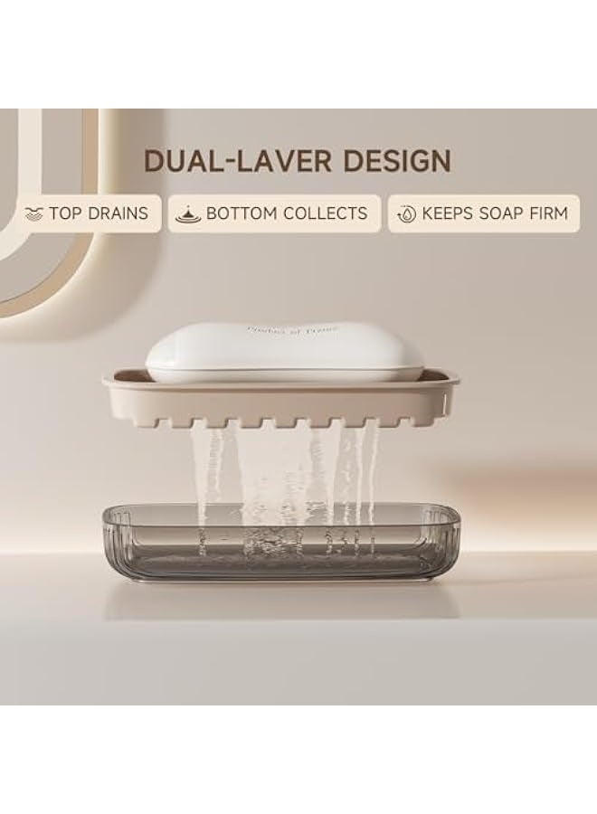 Large Soap Dish Holder, Self Draining Bar Soap Holder, Soap Case with Built-in Drain Holes, Plastic Soap Bar Container, Soap Saver for Shower, Bathroom, Kitchen - Without Cover - BeigeClear - Image 3