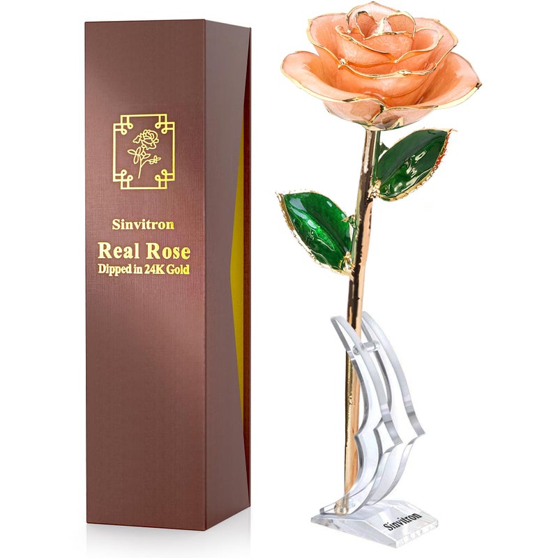 Sinvitron Gold Dipped Rose 24K Real Rose  Long Stem Gold Plated Rose with Stand  Romantic Gift for Her Birthday Gifts for Her  24K Golden Rose for Anniversary Valentines Day Mothers Day (Pink) - Image 1