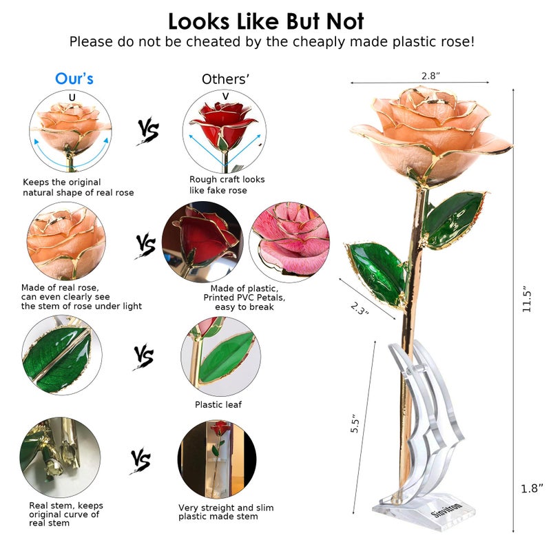 Sinvitron Gold Dipped Rose 24K Real Rose  Long Stem Gold Plated Rose with Stand  Romantic Gift for Her Birthday Gifts for Her  24K Golden Rose for Anniversary Valentines Day Mothers Day (Pink) - Image 3