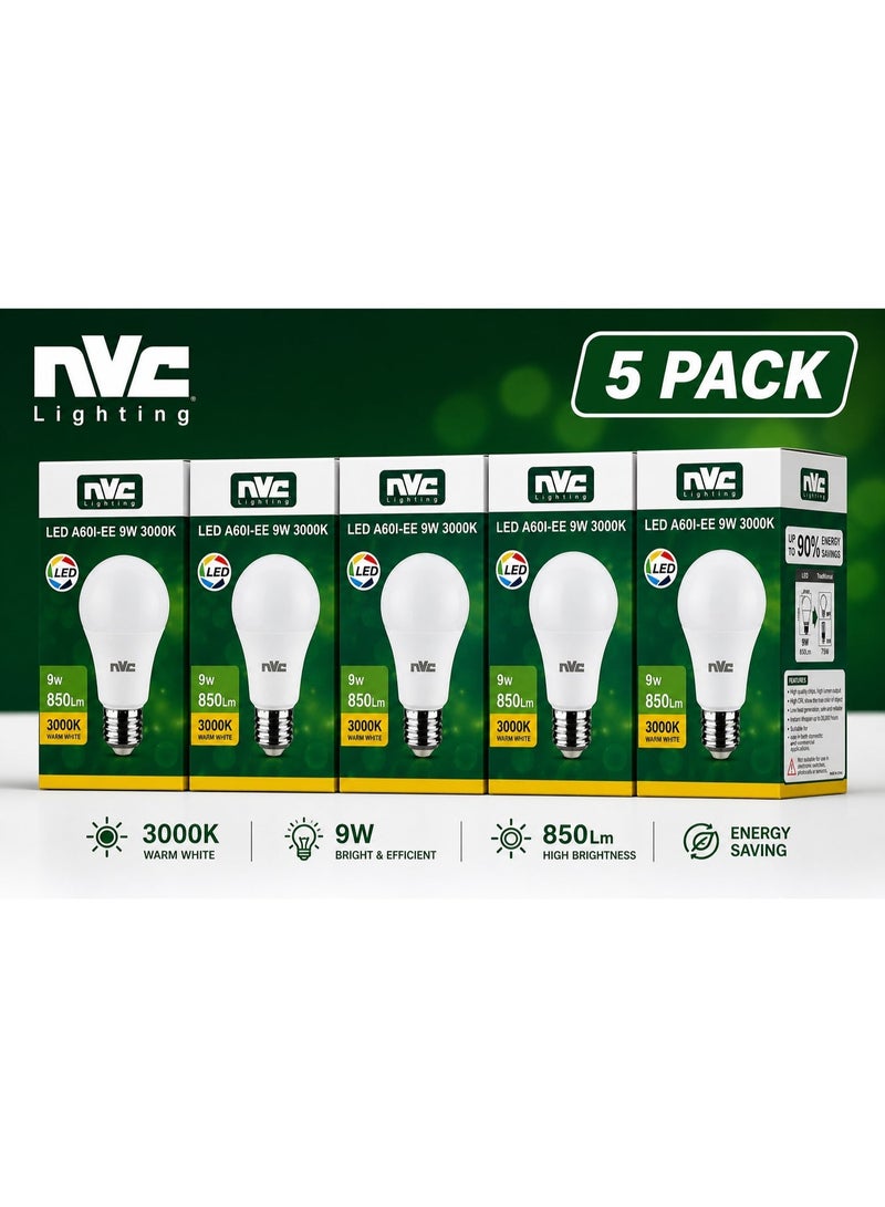 إن في سي 5 قطع LED A60I-EE من NVC LED بقدرة 9 وات ودرجة حرارة لون 3000 كلفن ودرجة سطوع عالية E27 (غرفة المعيشة/المقهى/المكتب) - Image 1