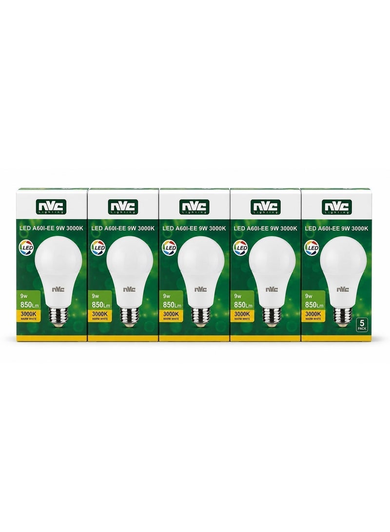 إن في سي 5 قطع LED A60I-EE من NVC LED بقدرة 9 وات ودرجة حرارة لون 3000 كلفن ودرجة سطوع عالية E27 (غرفة المعيشة/المقهى/المكتب) - Image 2