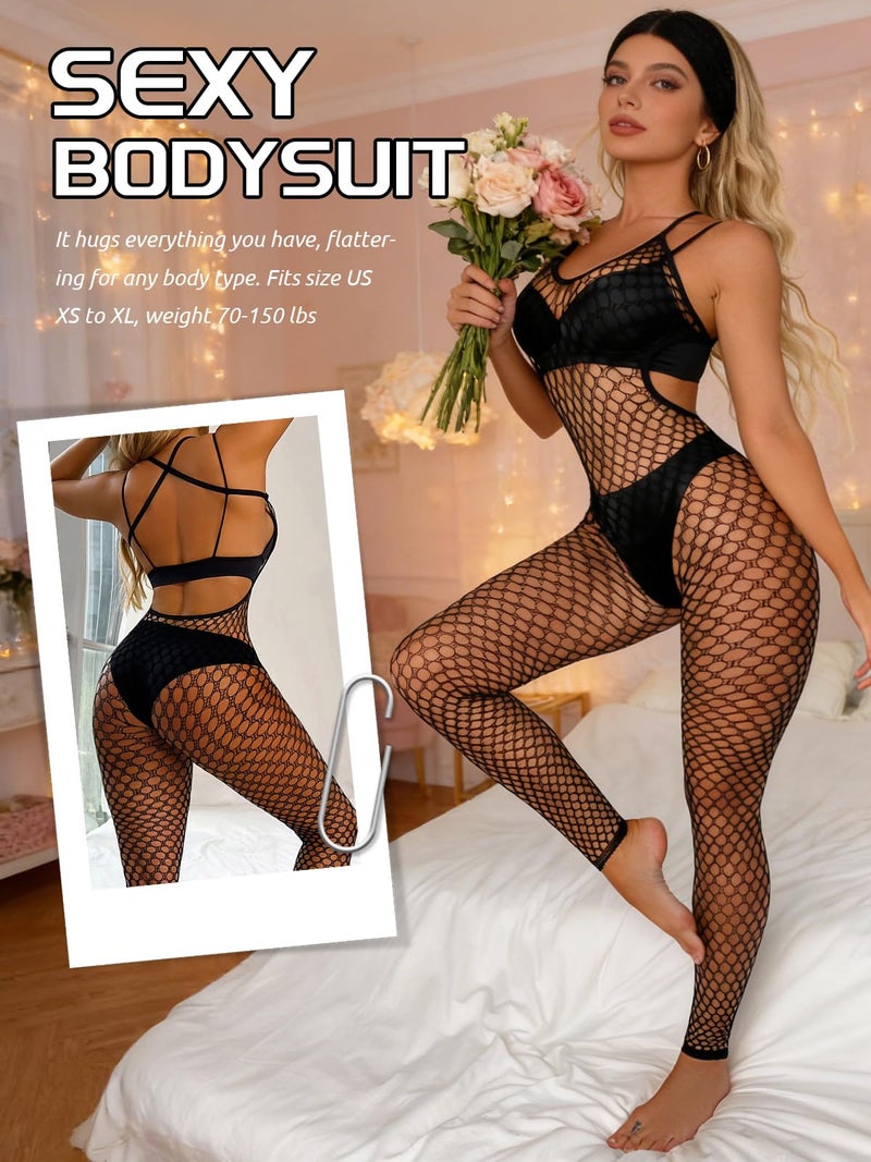 Buitifo Womens Sexy Bodysuit Fishnet Tights Bodycon Jumpsuit Lingerie (BlackT1,M) - Image 4