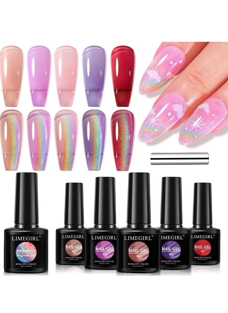 LIMEGIRL Rainbow Cat Eye Gel Nail Polish Set of 5 Colors Jelly Gel Polish - Holographic Glitter Gel Polish Magnetic Cateye Gel Polish - Soak Off LED Polish Set Nail Art Salon DIY Gifts  - Image 1
