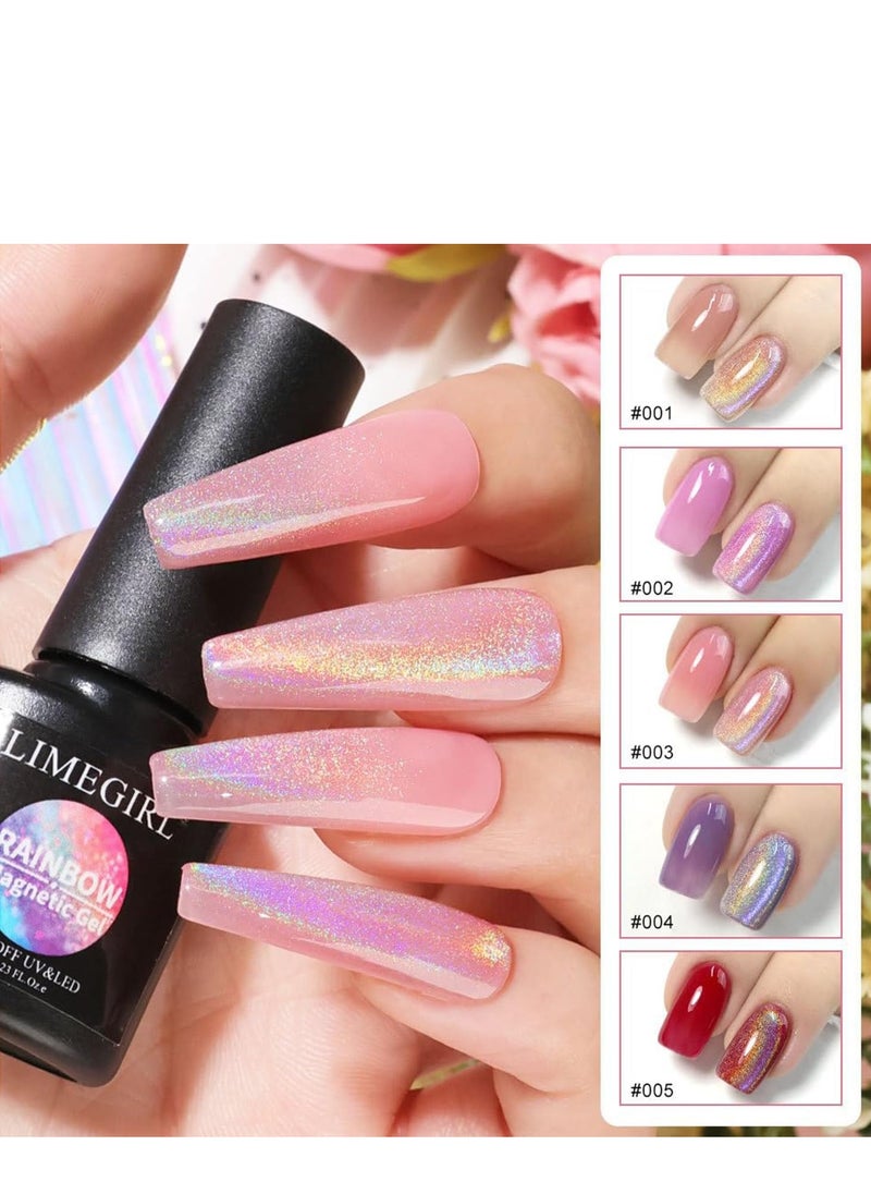 LIMEGIRL Rainbow Cat Eye Gel Nail Polish Set of 5 Colors Jelly Gel Polish - Holographic Glitter Gel Polish Magnetic Cateye Gel Polish - Soak Off LED Polish Set Nail Art Salon DIY Gifts  - Image 3