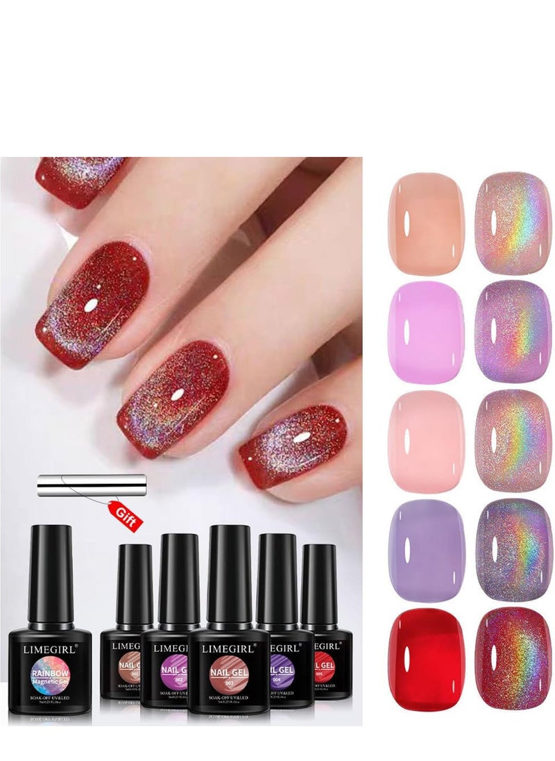 LIMEGIRL Rainbow Cat Eye Gel Nail Polish Set of 5 Colors Jelly Gel Polish - Holographic Glitter Gel Polish Magnetic Cateye Gel Polish - Soak Off LED Polish Set Nail Art Salon DIY Gifts  - Image 5