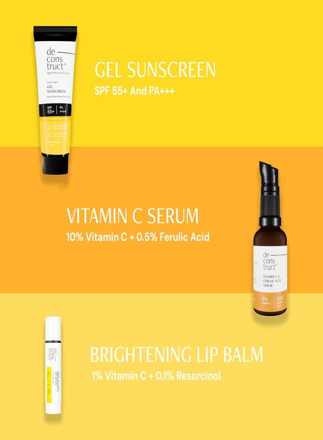 Deconstruct Daily Brightening Shield Trio: Gel sunscreen (50g) + Vitamin C Serum (30ml) + Brightening Lip Balm (4g) No White Cast, Lightweight & Higher protection with sunscreen SPF 50 | Vitamin C Serum for Oily Skin (Pack of 3) - Image 3