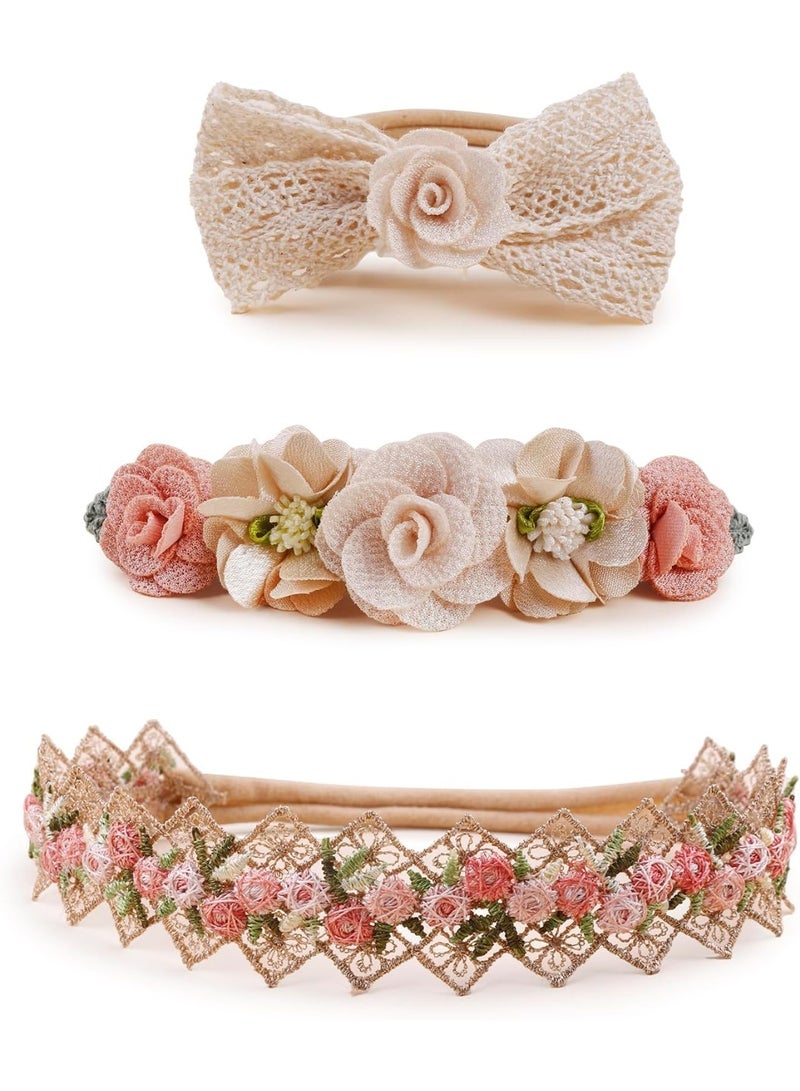 YelaJoy Soft Nylon Baby Girl Headbands for Newborns, Infants & Toddlers – 3pcs Elastic Flower Hairbands, Comfortable Baby Hair Accessories Gift Set for Photo Shoots & Parties - Image 1