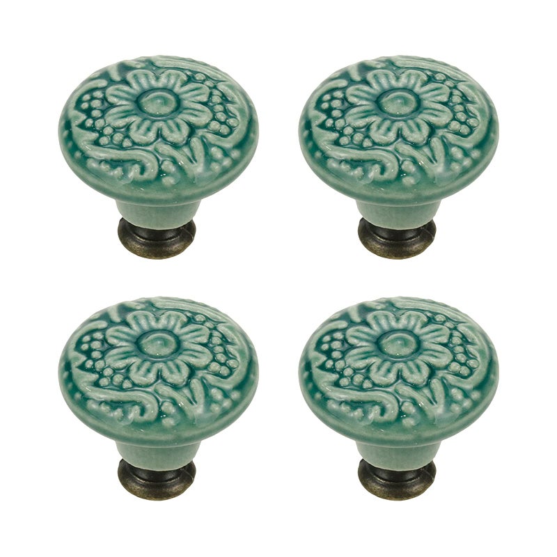 Geesatis 4 Pcs Round Ceramic Drawer Knobs Cabinet Furniture Handle Vintage Flower Pattern Knobs with Mounting Screws Green