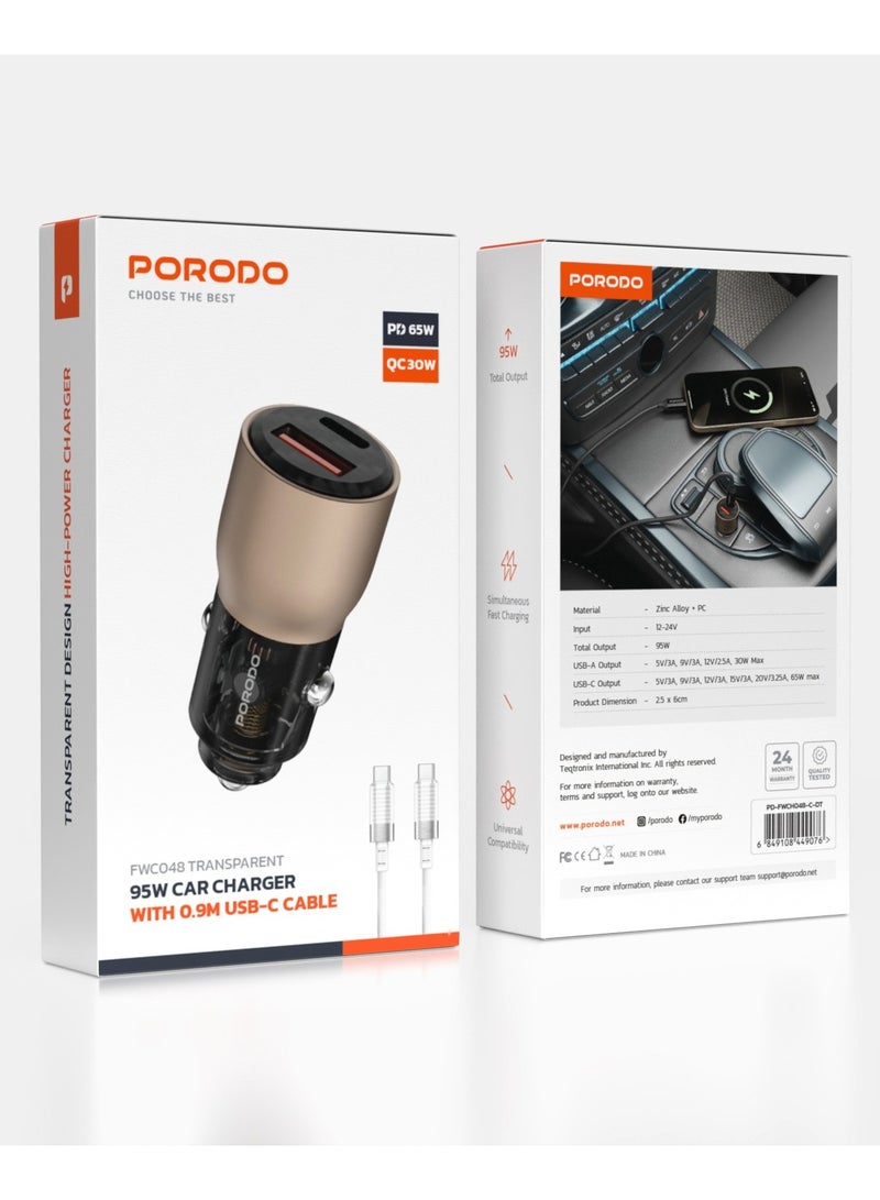 porodo 95W Car Charger Transparent Multi-Device PD Charging with 0.9m USB-C to USB-C Cable / Simultaneous Fast Charging / Universal Compatibility / Efficient Charging for Road Trips and Travel - Desert Titanium - Image 2