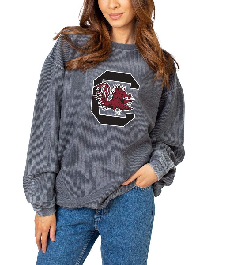 chicka-d NCAA South Carolina Fighting Gamecocks Womens Corded Crew Pullover Charcoal Medium
