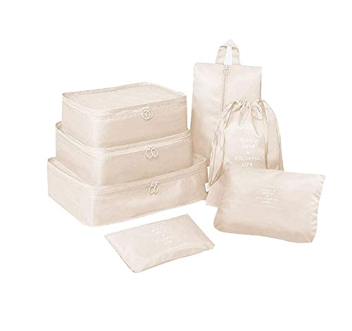 Styleys Packing Cubes Travel Organizer Lightweight Luggage Organisers With Laundry Bag and Shoe Bag (Set of 7, Beige - S11003), Polyester, 20L x 6W x 30H Cm - Image 1