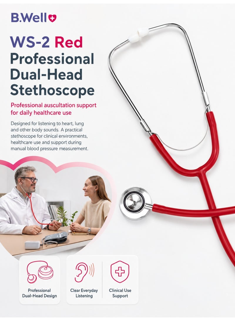 B.Well WS-2 Red Professional Dual-Head Stethoscope with Soft Ear Tips & Storage Bag - Image 3