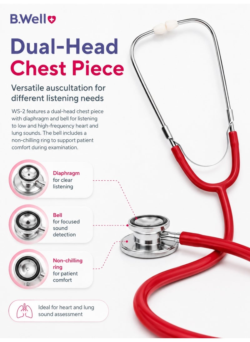 B.Well WS-2 Red Professional Dual-Head Stethoscope with Soft Ear Tips & Storage Bag - Image 4