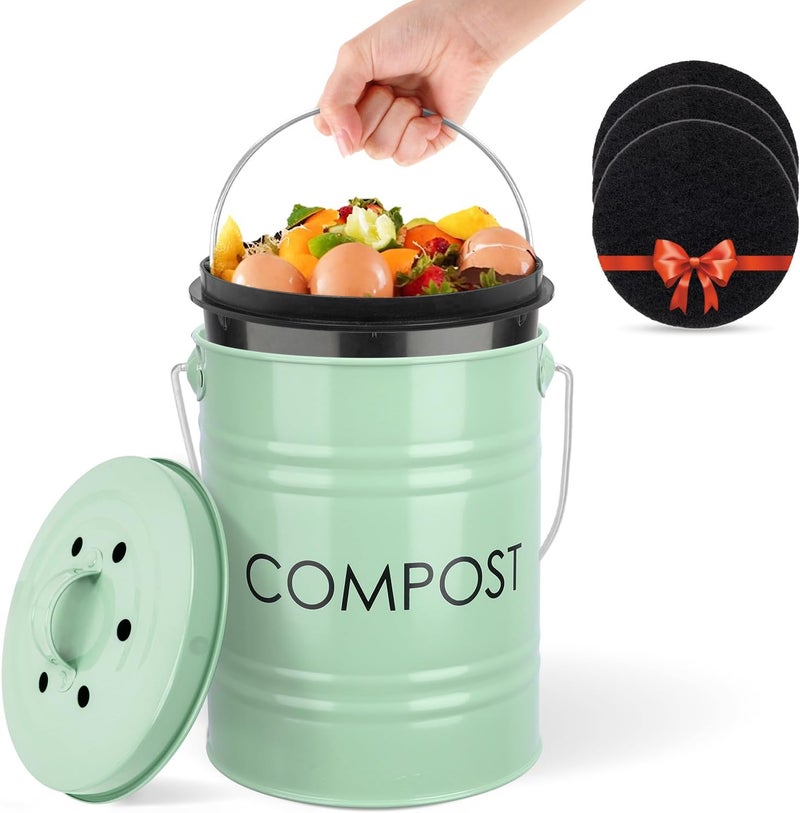 Vipush Compost Bin Kitchen Countertop Composter with lid – Small Compost ContainerI Includes Inner Compost Bucket Liner & Charcoal Filter, Green - Image 1