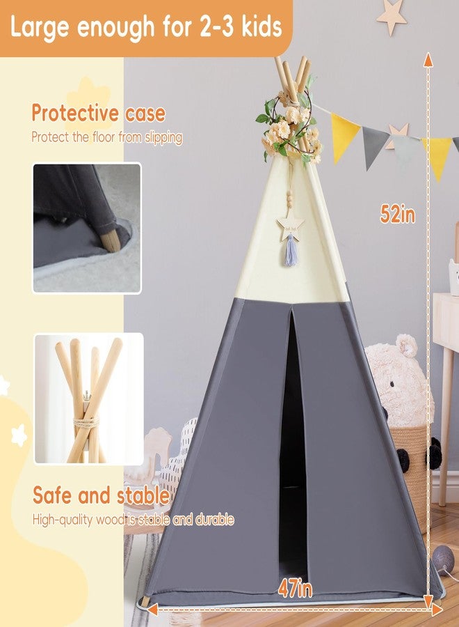 RONGFA Teepee Tent for Kids, 100% Cotton Play Tent with Mat, Kids Teepee Tent with Colored Flag, Quality Portable Play Tent with Carry Bag for Girls and Boys Indoor Outdoor (Beige Gray with Mat) - Image 4