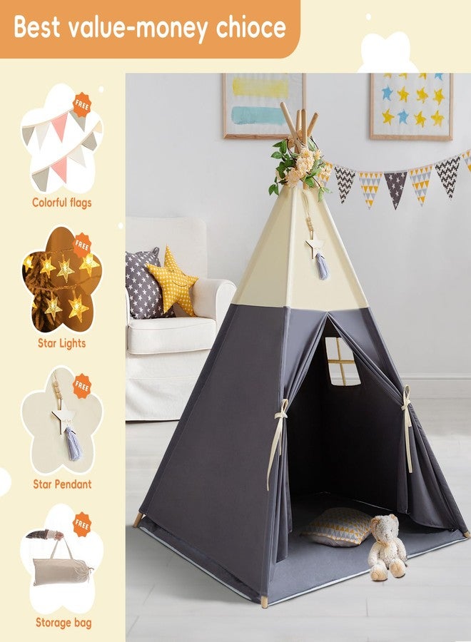 RONGFA Teepee Tent for Kids, 100% Cotton Play Tent with Mat, Kids Teepee Tent with Colored Flag, Quality Portable Play Tent with Carry Bag for Girls and Boys Indoor Outdoor (Beige Gray with Mat) - Image 3