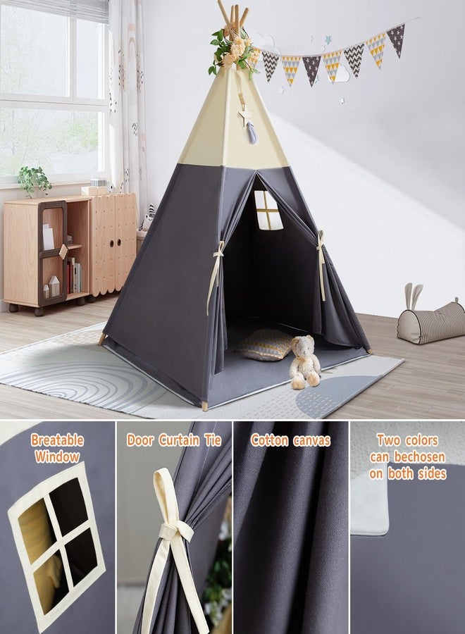 RONGFA Teepee Tent for Kids, 100% Cotton Play Tent with Mat, Kids Teepee Tent with Colored Flag, Quality Portable Play Tent with Carry Bag for Girls and Boys Indoor Outdoor (Beige Gray with Mat) - Image 5