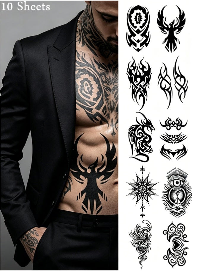 MARYA Temporary Tattoos, Black Ink Waterproof Realistic Long Lasting 1-2 Weeks, No Adhesive No Reflection, Big Adult Art Designs, 10 Sheets - Image 1