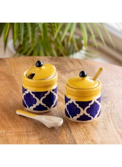 Exclusivelane 'Moroccan' Ceramic Pickle Jars for Dining Table with Spoon & Lid (Set of 2)|Handpainted Kitchen Containers Set Pickle Holder Container for Kitchen Storage Set Aachar - Multicolor
