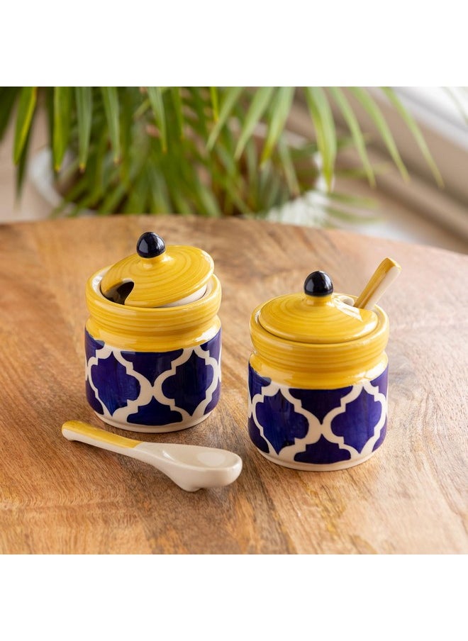ExclusiveLane - Exclusivelane 'Moroccan' Ceramic Pickle Jars for Dining Table with Spoon & Lid (Set of 2)|Handpainted Kitchen Containers Set Pickle Holder Container for Kitchen Storage Set Aachar - Multicolor - Image 1