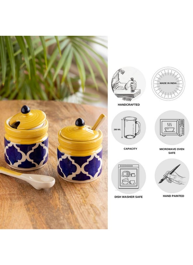 ExclusiveLane - Exclusivelane 'Moroccan' Ceramic Pickle Jars for Dining Table with Spoon & Lid (Set of 2)|Handpainted Kitchen Containers Set Pickle Holder Container for Kitchen Storage Set Aachar - Multicolor - Image 1