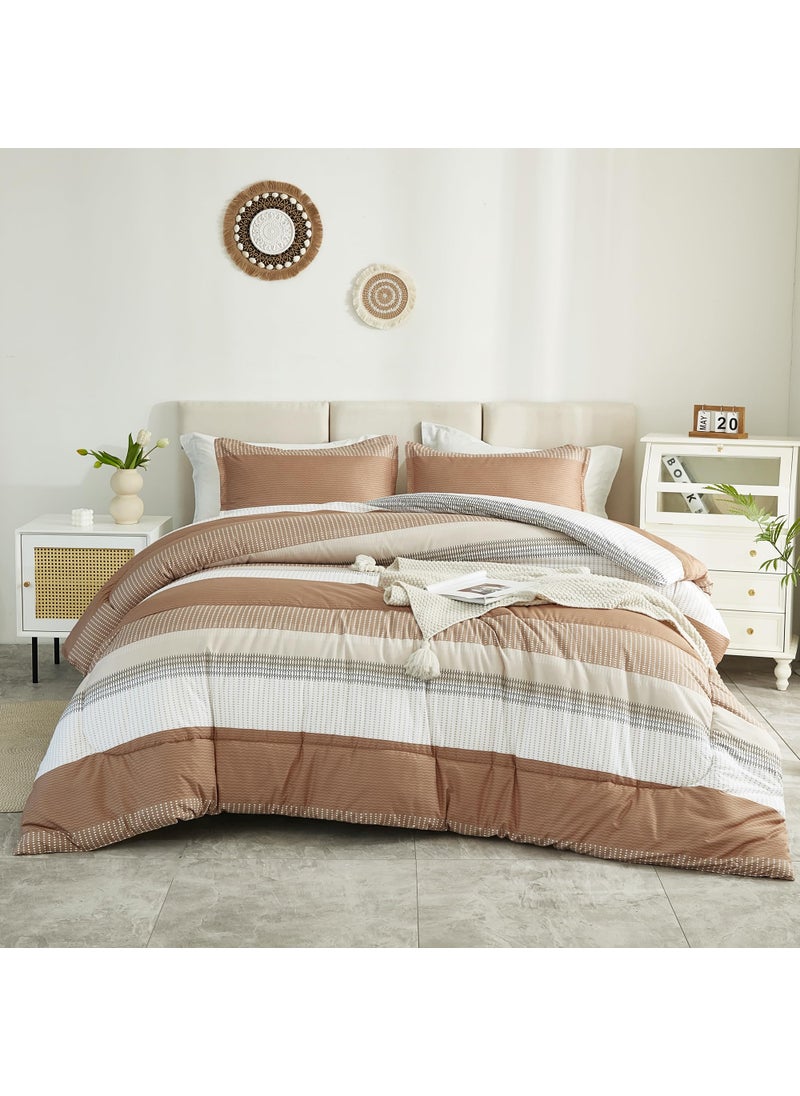 Litanika Litanika Beige California King Comforter Set  3 Pieces Cal King Lightweight Taupe Khaki White Colorblock Stripe Bedding Comforter Sets  Fluffy Bed Set  - Image 1