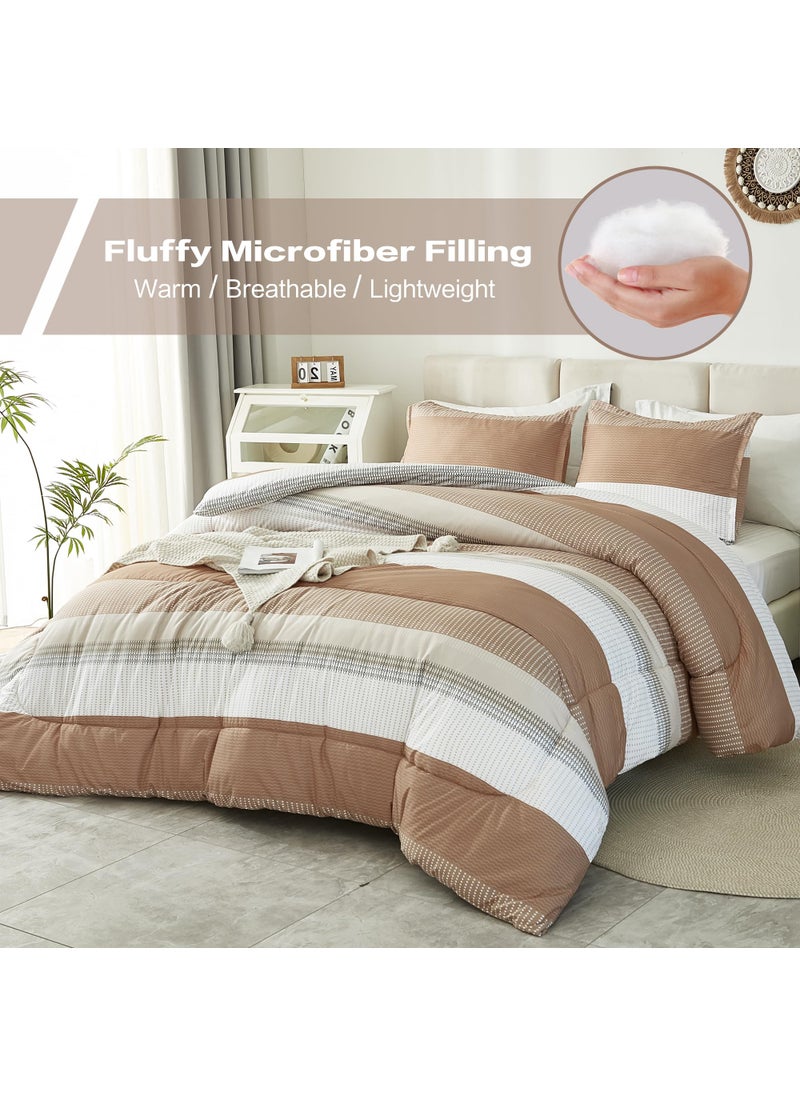 Litanika Litanika Beige California King Comforter Set  3 Pieces Cal King Lightweight Taupe Khaki White Colorblock Stripe Bedding Comforter Sets  Fluffy Bed Set  - Image 5