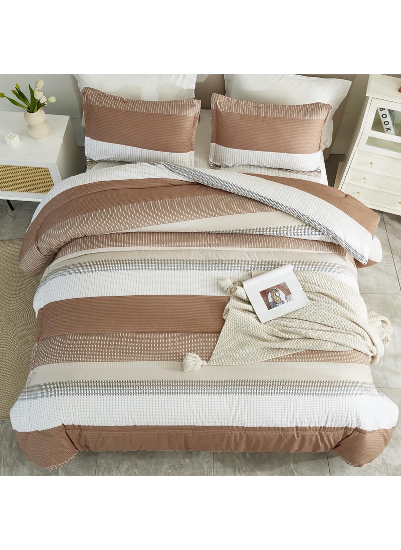 Litanika Litanika Beige California King Comforter Set  3 Pieces Cal King Lightweight Taupe Khaki White Colorblock Stripe Bedding Comforter Sets  Fluffy Bed Set  - Image 2