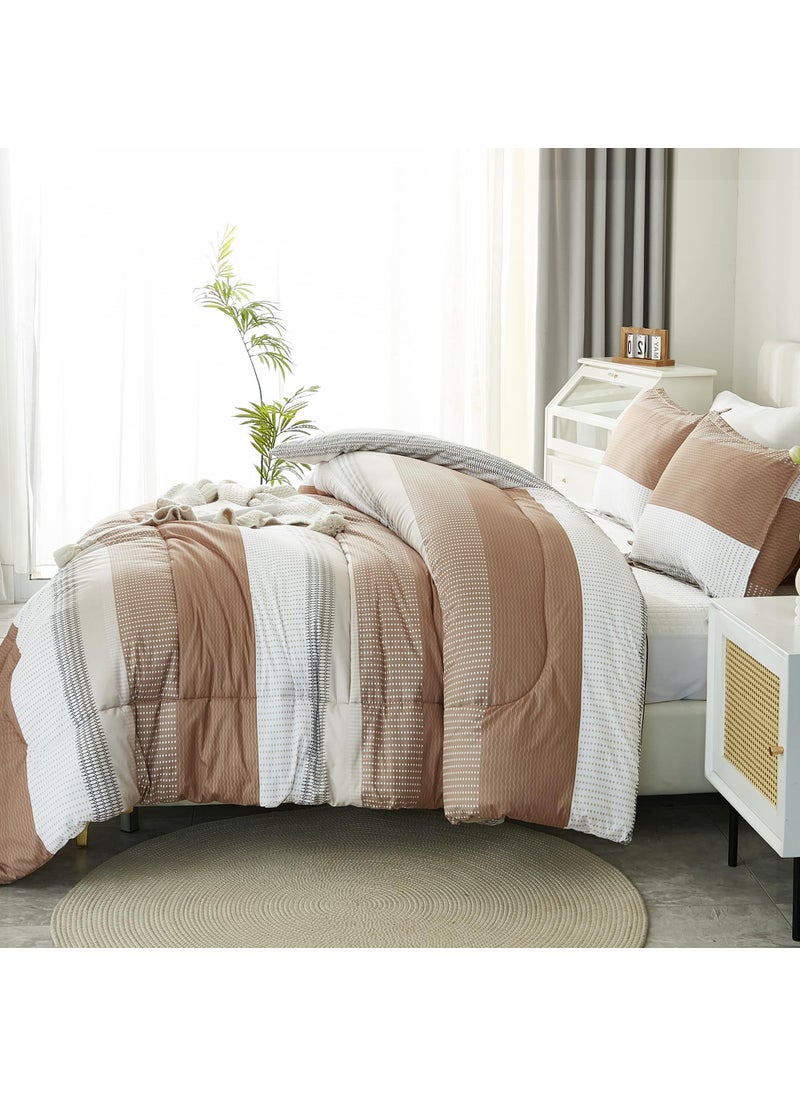 Litanika Litanika Beige California King Comforter Set  3 Pieces Cal King Lightweight Taupe Khaki White Colorblock Stripe Bedding Comforter Sets  Fluffy Bed Set  - Image 3