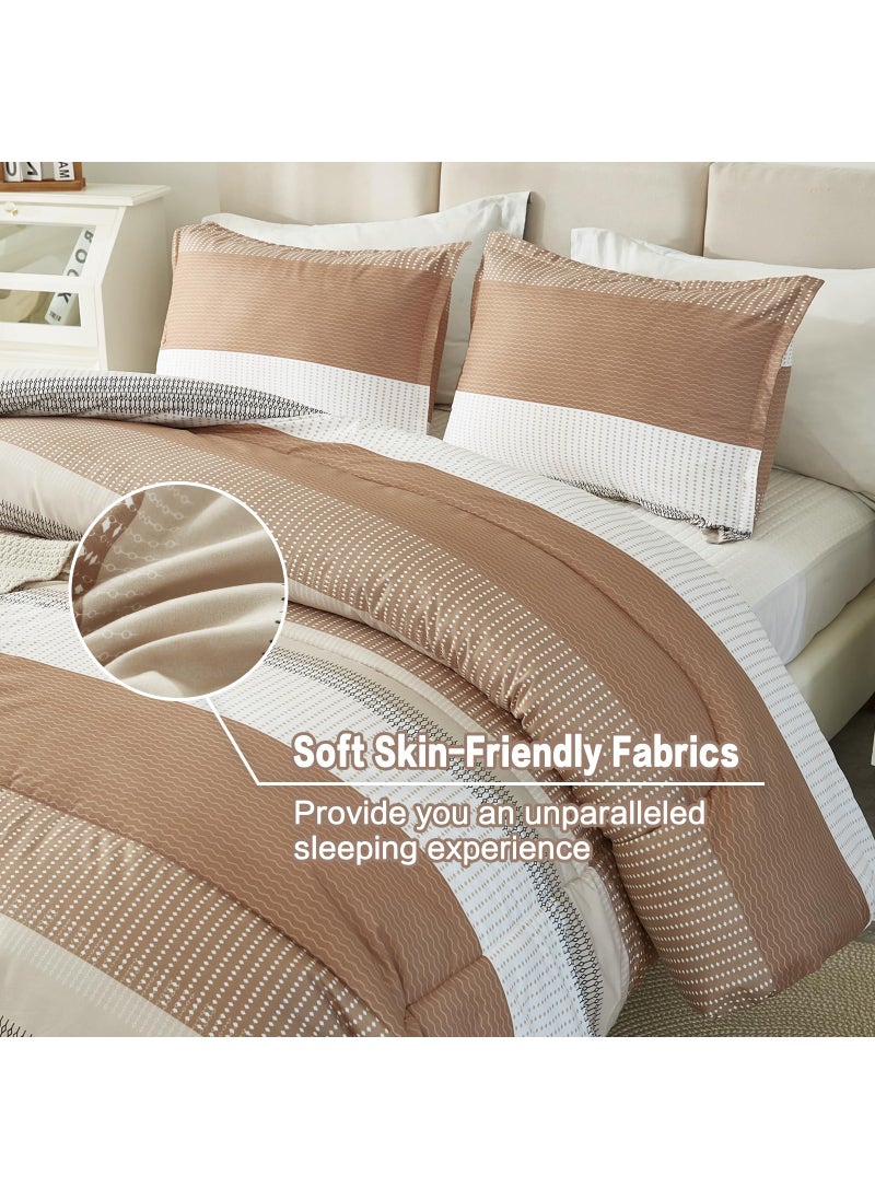 Litanika Litanika Beige California King Comforter Set  3 Pieces Cal King Lightweight Taupe Khaki White Colorblock Stripe Bedding Comforter Sets  Fluffy Bed Set  - Image 4