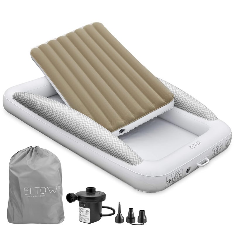 ELTOW Inflatable Toddler Travel Bed with Safety Bumpers, Portable Kids Air Mattress for Travel, Complete Toddler Air Mattress Set with High-Speed Pump & Carry Bag - Gray Chevron - Image 1