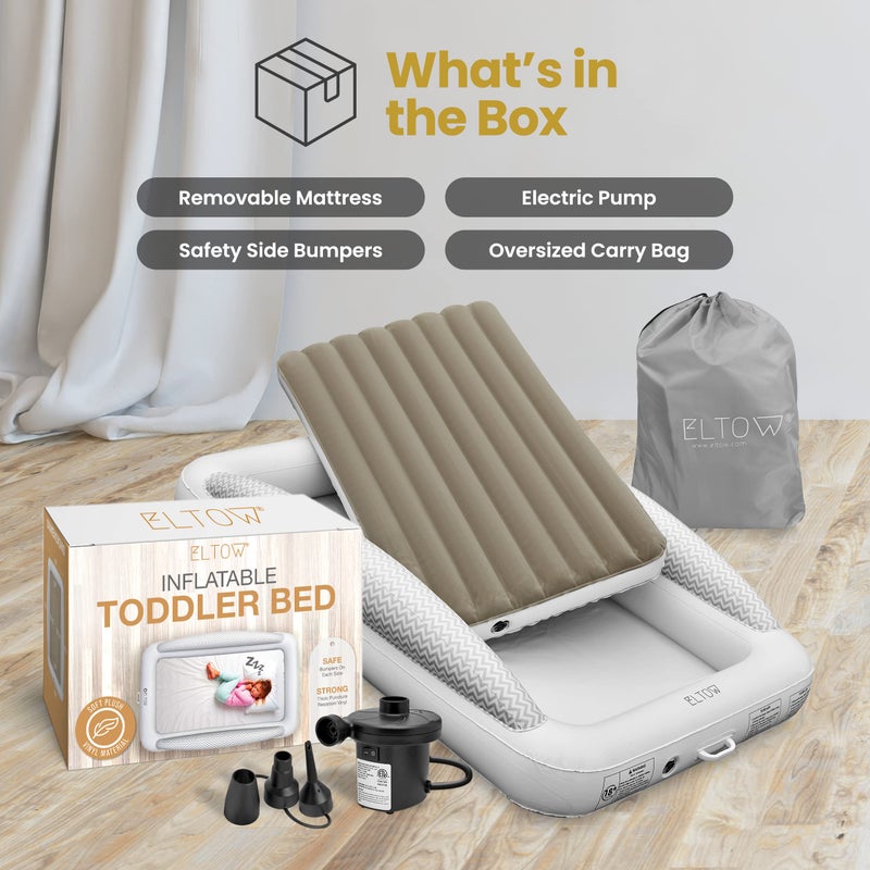 ELTOW Inflatable Toddler Travel Bed with Safety Bumpers, Portable Kids Air Mattress for Travel, Complete Toddler Air Mattress Set with High-Speed Pump & Carry Bag - Gray Chevron - Image 3