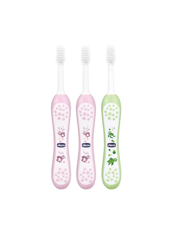 Chicco Toothbrush 6-36M- 3 Pack- Pink & Green - Image 1