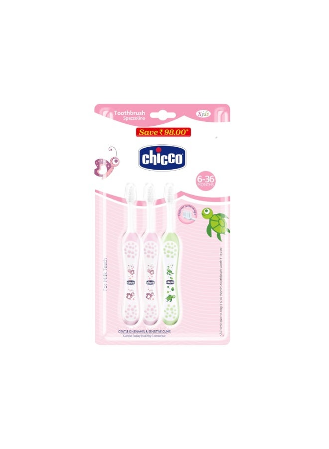 Chicco Toothbrush 6-36M- 3 Pack- Pink & Green - Image 2