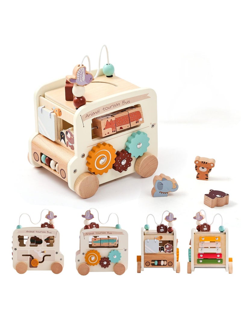 Montessori Wooden Bus montessori educational toys for kids learning sensory toys for children busy Box, Beige - Image 1