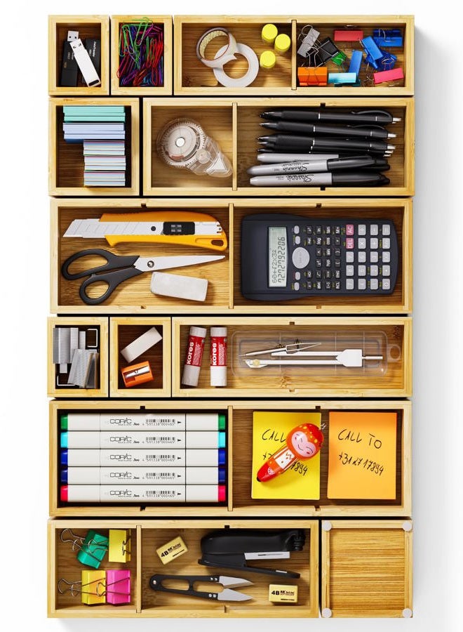 VA1KENE 12-Piece Bamboo Desk Drawer Organizer Tray – Adjustable Storage Boxes with 24 Adjustable Compartments for Office Drawer, Jewelry, Vanity & Desk Accessories - Image 1