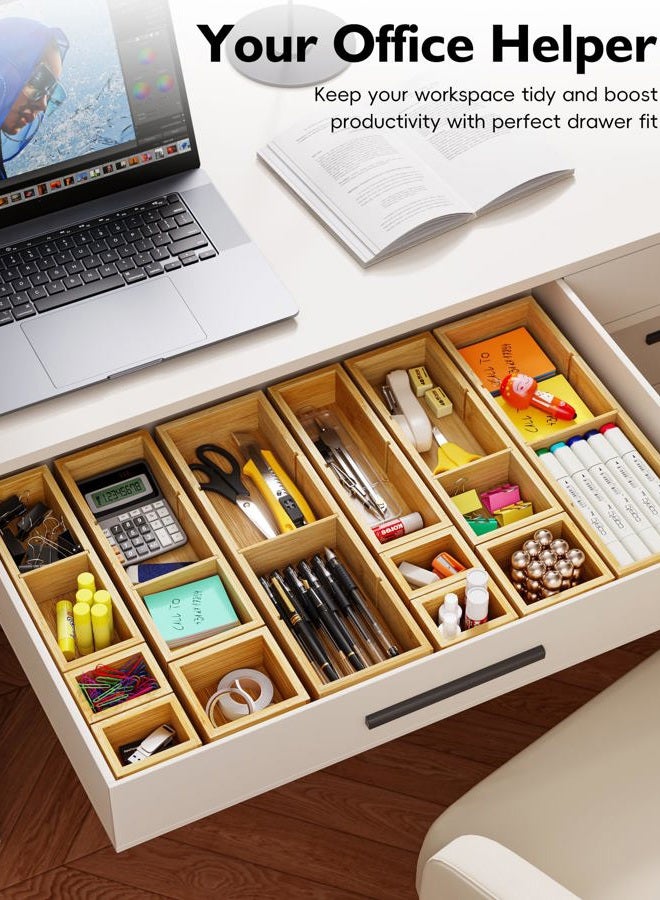 VA1KENE 12-Piece Bamboo Desk Drawer Organizer Tray – Adjustable Storage Boxes with 24 Adjustable Compartments for Office Drawer, Jewelry, Vanity & Desk Accessories - Image 4