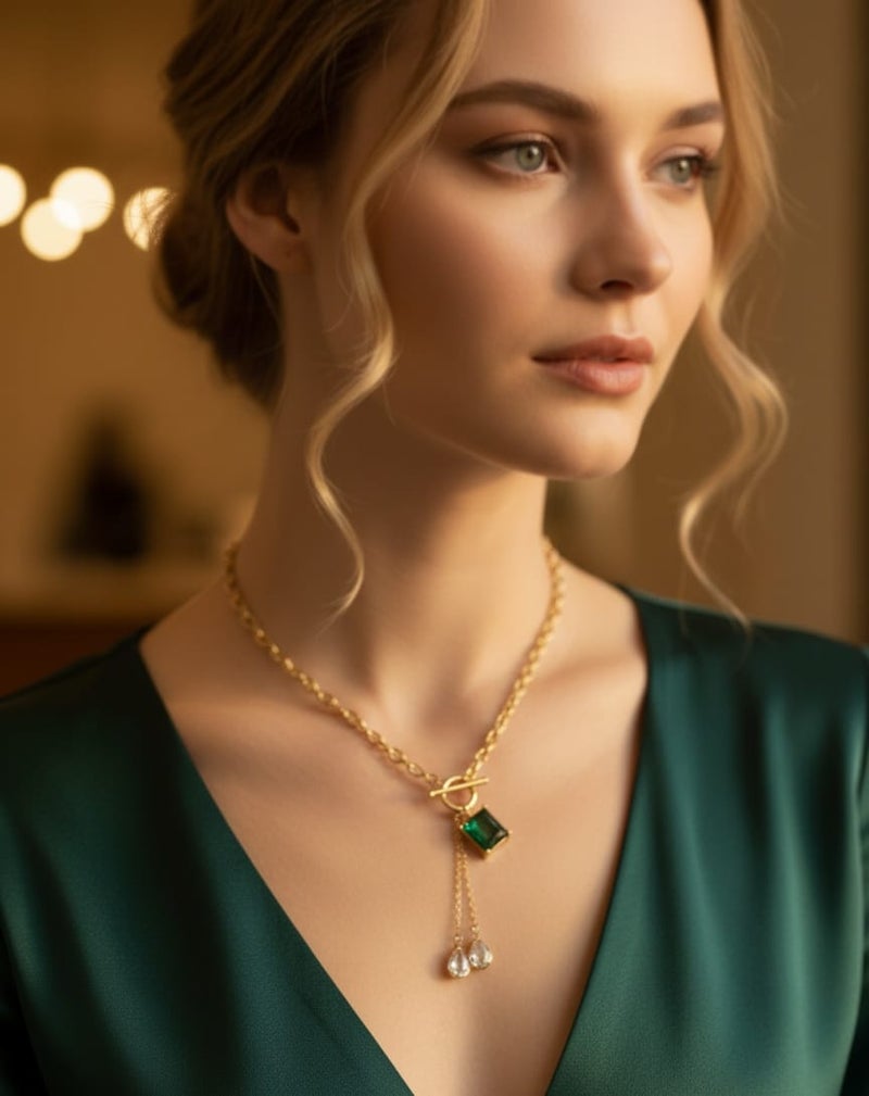 كوليه ذهبي مميز بسلسلة عصرية ودلاية حجر أخضر، تزينه دلايات لامعة أنيقة. مصنوع من الستانلس ستيل المقاوم للصدأ بقفل حلقي مع قضيب. - Image 2