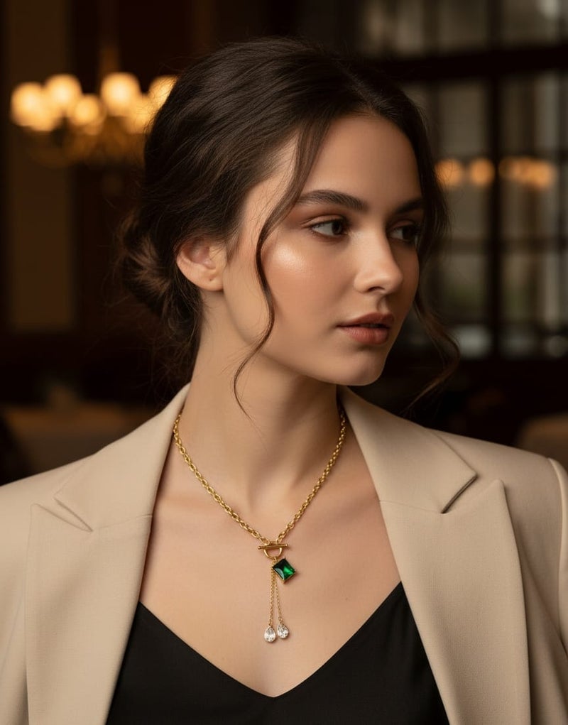كوليه ذهبي مميز بسلسلة عصرية ودلاية حجر أخضر، تزينه دلايات لامعة أنيقة. مصنوع من الستانلس ستيل المقاوم للصدأ بقفل حلقي مع قضيب. - Image 4