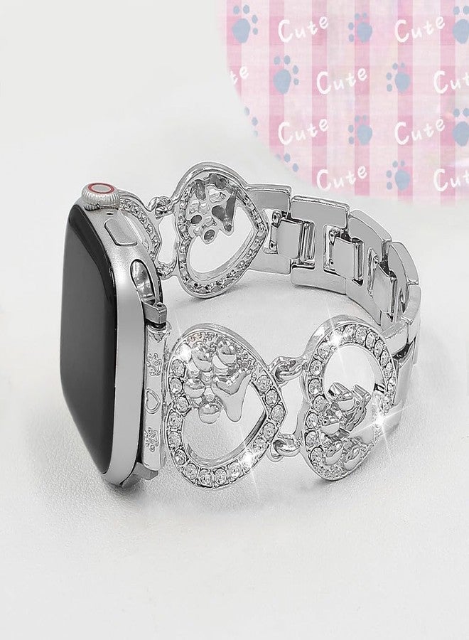 YONWORTH Bling Metal Band Compatible with Apple Watch Bands 42mm 44 45 46 49mm Women,Love Heart Shape Bracelet Dog Paw Wristband for iWatch Series 10 9 8 7 6 5 4 3 2 Ultra 2 SE (Silver,49mm) - Image 3