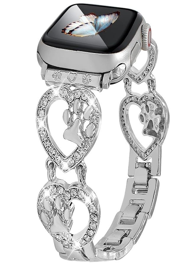 YONWORTH Bling Metal Band Compatible with Apple Watch Bands 42mm 44 45 46 49mm Women,Love Heart Shape Bracelet Dog Paw Wristband for iWatch Series 10 9 8 7 6 5 4 3 2 Ultra 2 SE (Silver,49mm) - Image 1