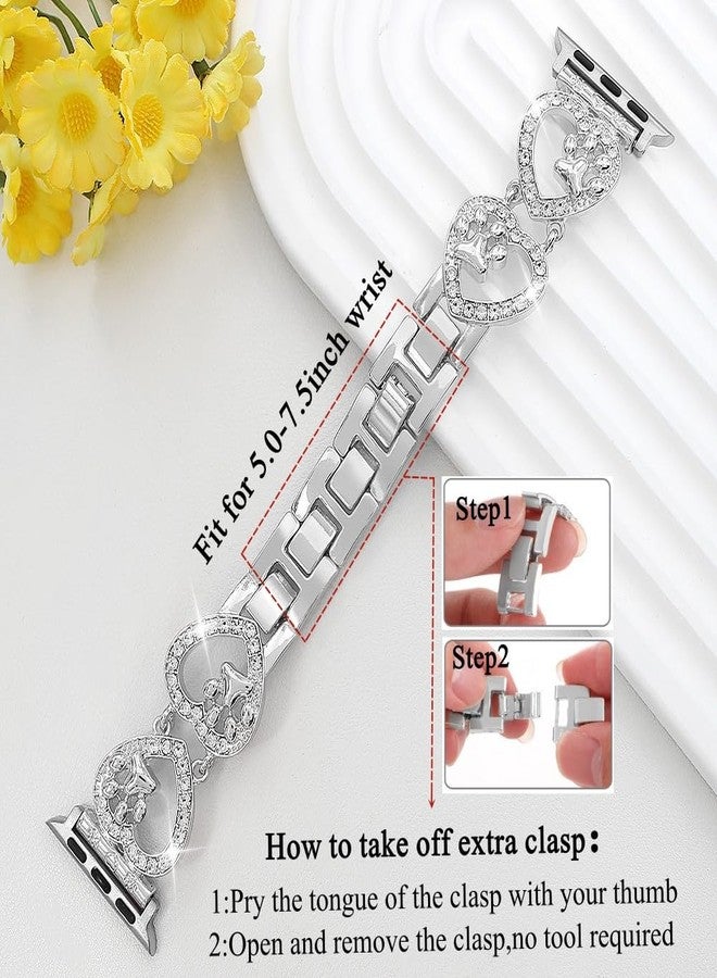 YONWORTH Bling Metal Band Compatible with Apple Watch Bands 42mm 44 45 46 49mm Women,Love Heart Shape Bracelet Dog Paw Wristband for iWatch Series 10 9 8 7 6 5 4 3 2 Ultra 2 SE (Silver,49mm) - Image 4