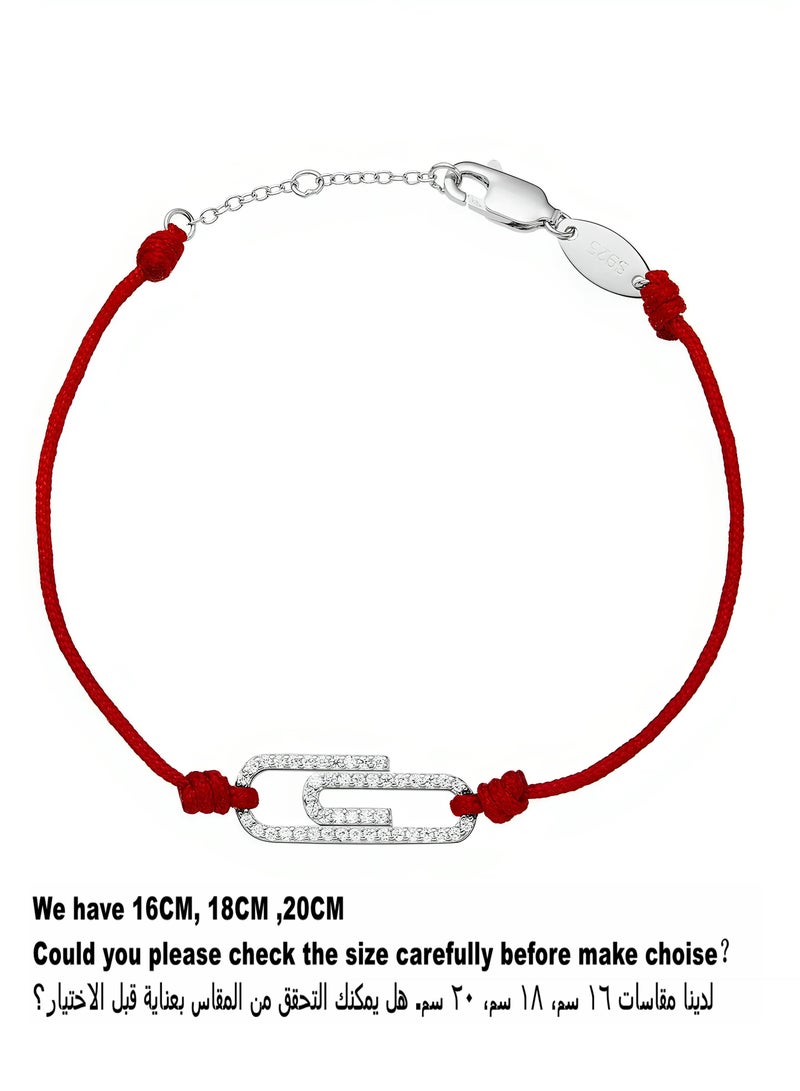 Moonmory Minimalism Paper Clip With Cubic Zircon 925 Sterling Silver Clasp Red Cord Bracelet For Women Fashionable Jewelry Girl Gift Silver Ramadan Mother's Day Graduation Ceremony Girlfriend Gift - Image 2