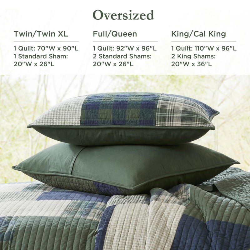 Woolrich John Rich & Bros. Woolrich Quilt Set Patchwork Channel Quilting, Cottege Coverlet for Twin Size Bed All Seasons, Lightweight Prewashed Cotton Coverlet Bedspread, Shams, Mill Creek, Oversized Twin/Twin XL Green 2 Piece - Image 5