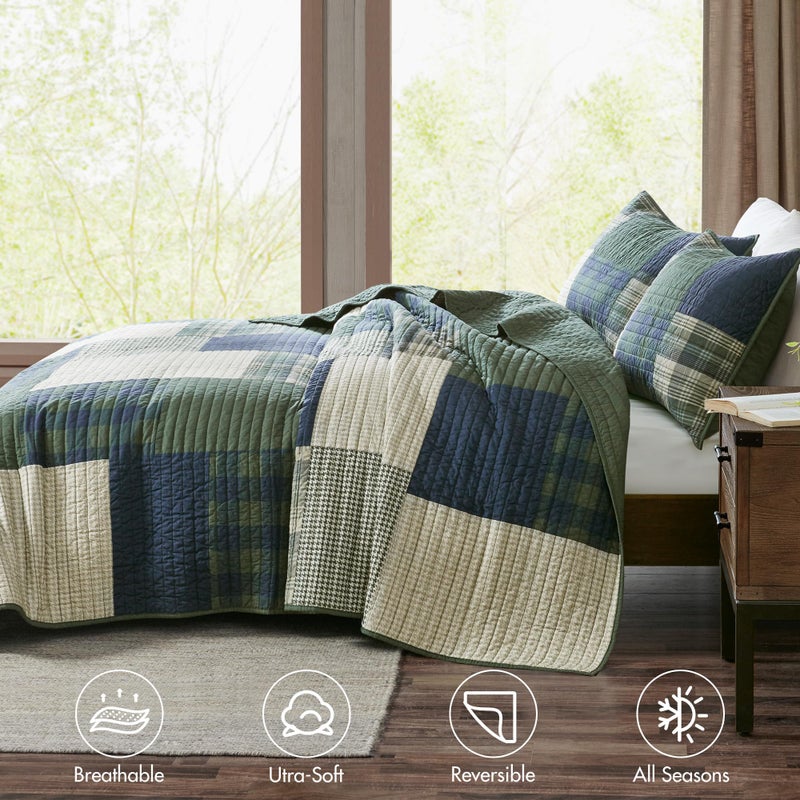 Woolrich John Rich & Bros. Woolrich Quilt Set Patchwork Channel Quilting, Cottege Coverlet for Twin Size Bed All Seasons, Lightweight Prewashed Cotton Coverlet Bedspread, Shams, Mill Creek, Oversized Twin/Twin XL Green 2 Piece - Image 4