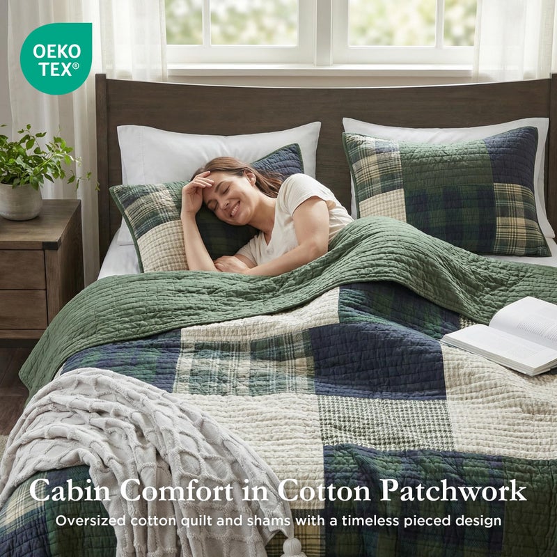 Woolrich John Rich & Bros. Woolrich Quilt Set Patchwork Channel Quilting, Cottege Coverlet for Twin Size Bed All Seasons, Lightweight Prewashed Cotton Coverlet Bedspread, Shams, Mill Creek, Oversized Twin/Twin XL Green 2 Piece - Image 2