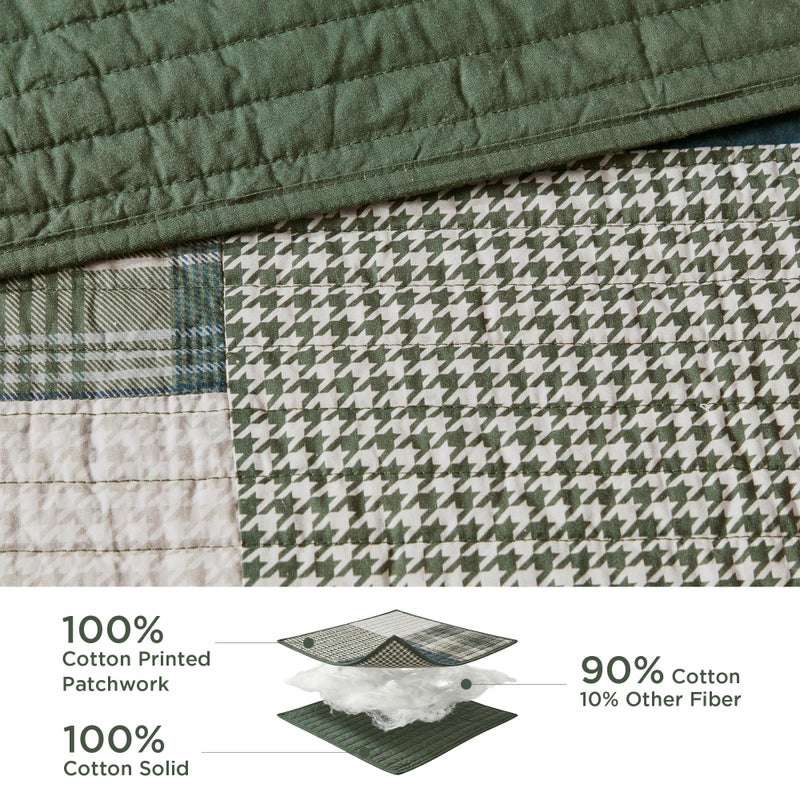 Woolrich John Rich & Bros. Woolrich Quilt Set Patchwork Channel Quilting, Cottege Coverlet for Twin Size Bed All Seasons, Lightweight Prewashed Cotton Coverlet Bedspread, Shams, Mill Creek, Oversized Twin/Twin XL Green 2 Piece - Image 3