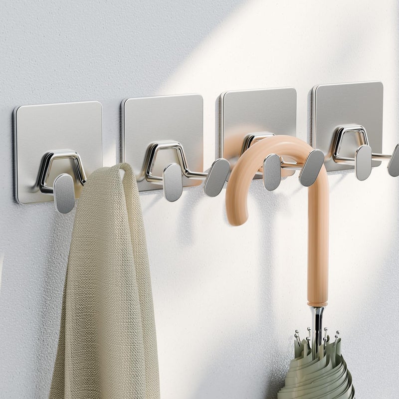 susswiff Adhesive Shower Hooks for Inside - Extra Sticky Stainless, Razor Holder Shower Accessories, Wall Mounted Self-Adhesive Double Hooks for Razor, Loofah, Towel, Shaver, Coat, Key, Silver, 4-Pack - Image 2