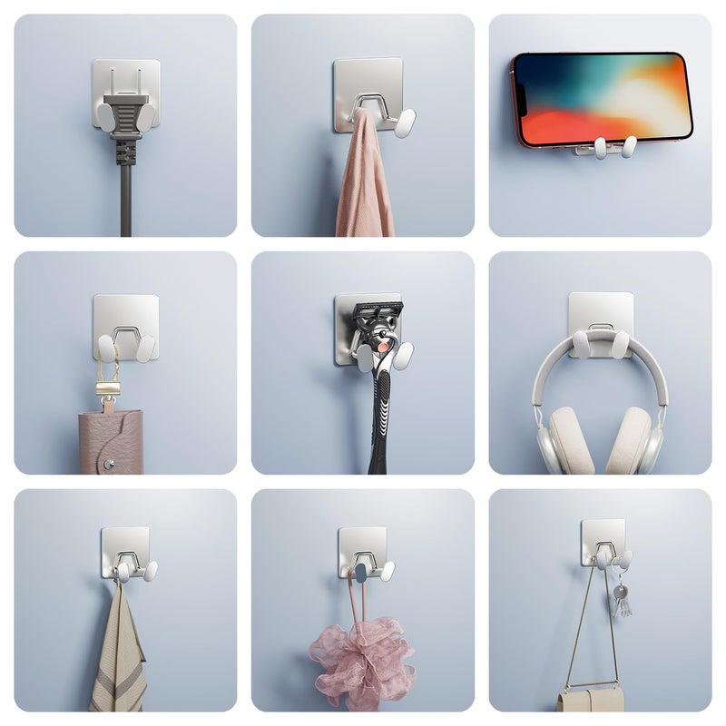 susswiff Adhesive Shower Hooks for Inside - Extra Sticky Stainless, Razor Holder Shower Accessories, Wall Mounted Self-Adhesive Double Hooks for Razor, Loofah, Towel, Shaver, Coat, Key, Silver, 4-Pack - Image 3