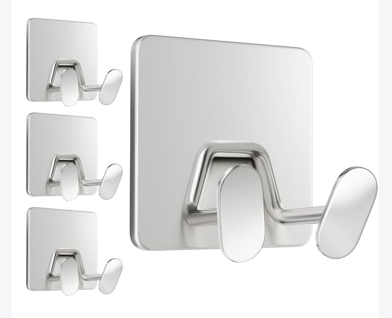 susswiff Adhesive Shower Hooks for Inside - Extra Sticky Stainless, Razor Holder Shower Accessories, Wall Mounted Self-Adhesive Double Hooks for Razor, Loofah, Towel, Shaver, Coat, Key, Silver, 4-Pack - Image 1